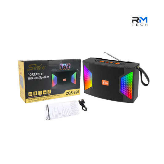 SING-E ZQS-826 Coluna Bluetooth Portátil com Luzes RGB LED e Rádio FM Preto – RM TECH