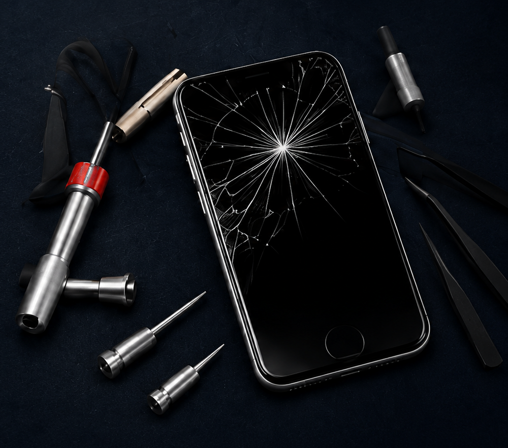 Broken phone and repair tools