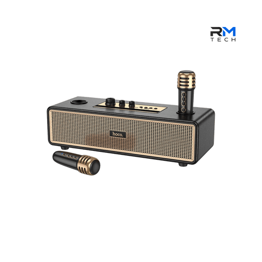 HOCO BS63 Graceful Coluna Bluetooth Karaoke Portátil com 2 Microfones Sem Fios em Preto e Dourado – RM TECH