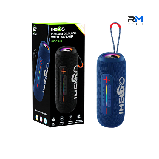 Imenso IMS-S1016 Coluna Bluetooth Portátil 14W com Som 360°, Luzes RGB LED e TWS em Azul – RM TECH