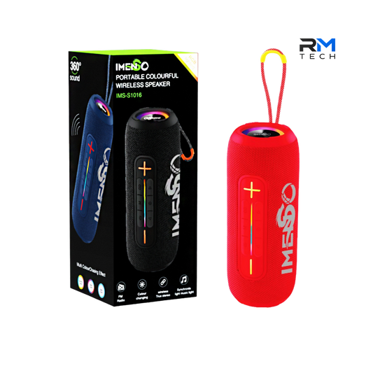 Imenso IMS-S1016 Coluna Bluetooth Portátil 14W com Som 360°, Luzes RGB LED e TWS em Vermelho – RM TECH