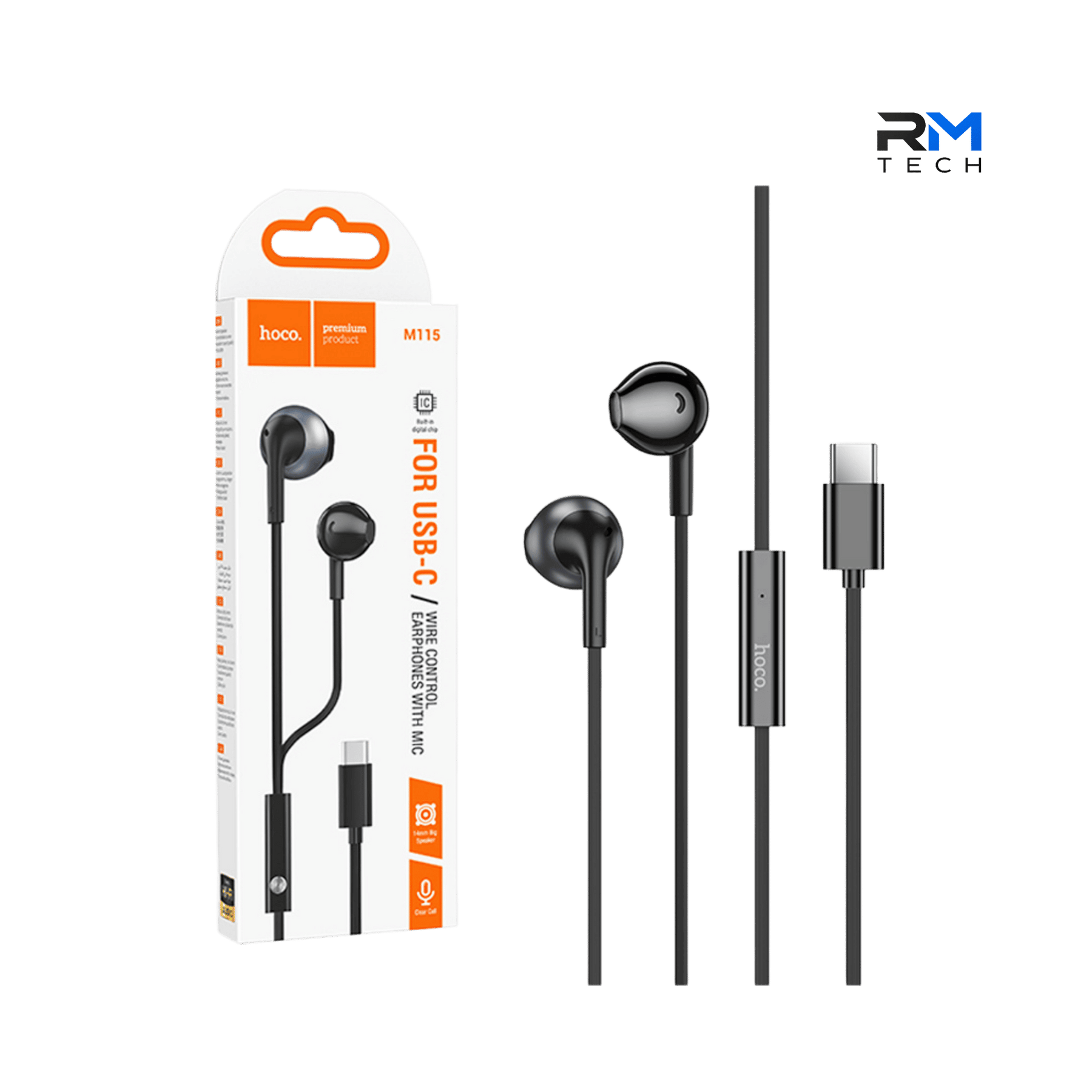 HOCO M115 USB-C Wired Earphones with Microphone & In-Line Controls – Black