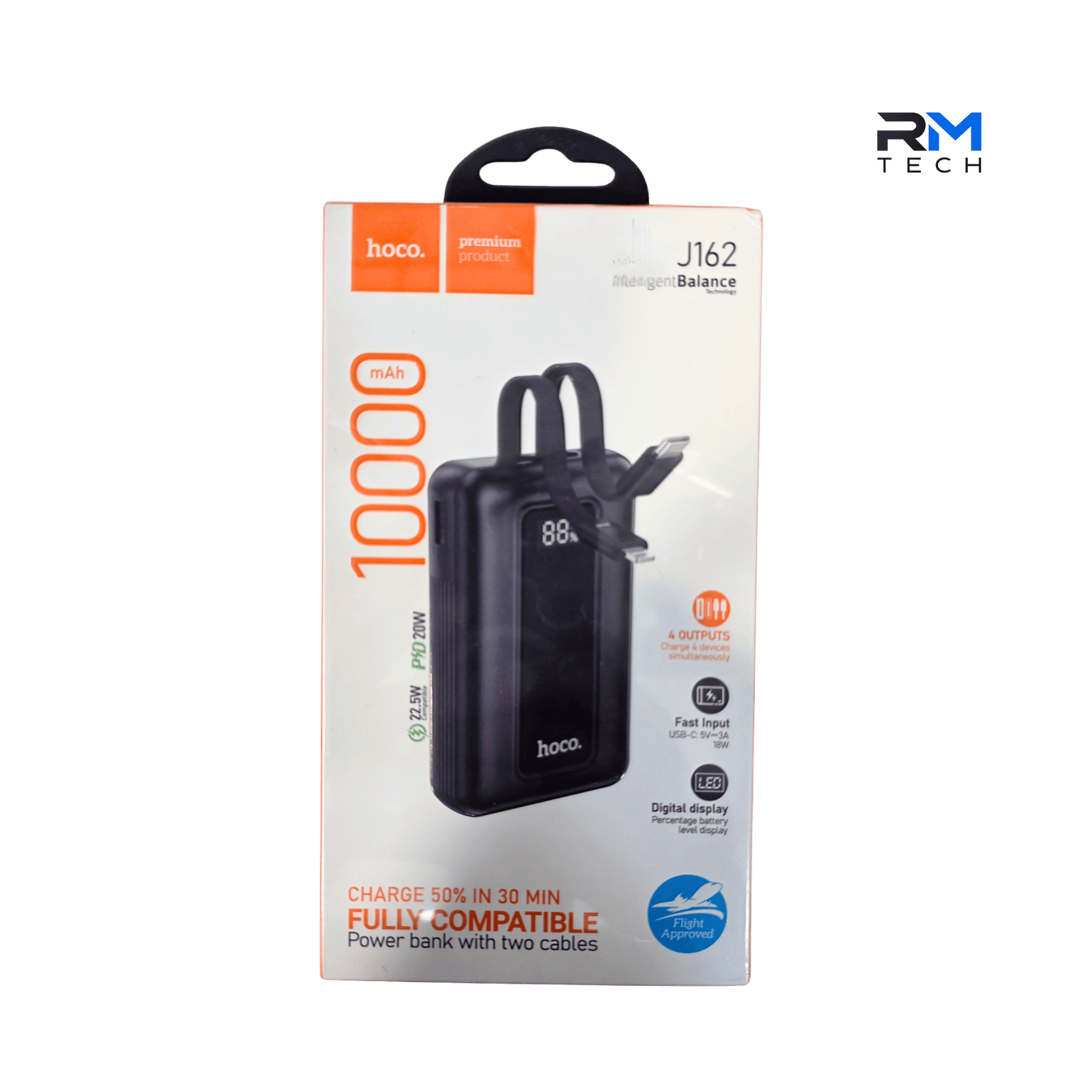 Hoco J162 10000mAh 22.5W Fast Charging Power Bank with Built-in Cables & Digital Display