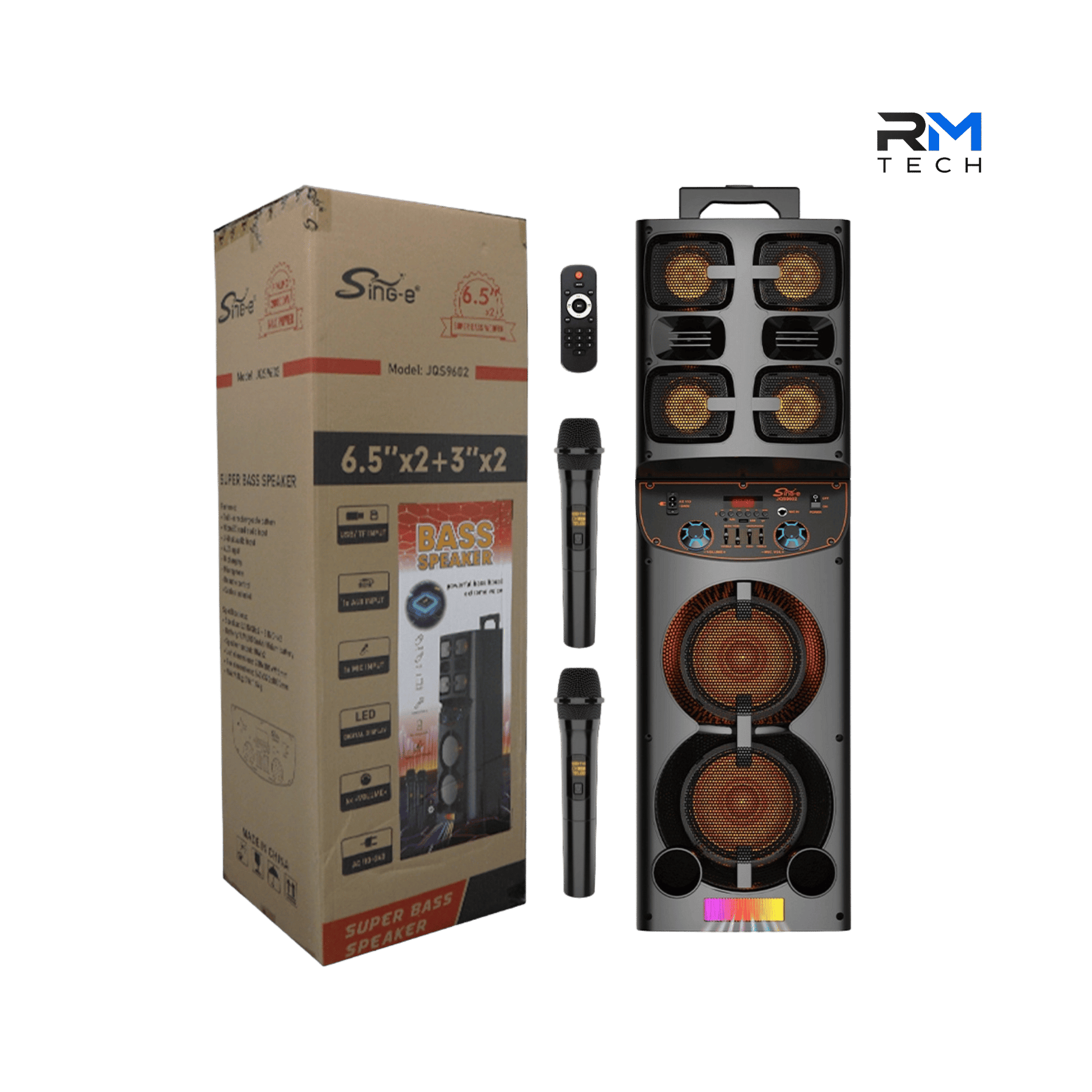 SING-E JQS9602 Portable Bluetooth Party Speaker – 60W with Dual Wireless Microphones, RGB LED Lights & Remote
