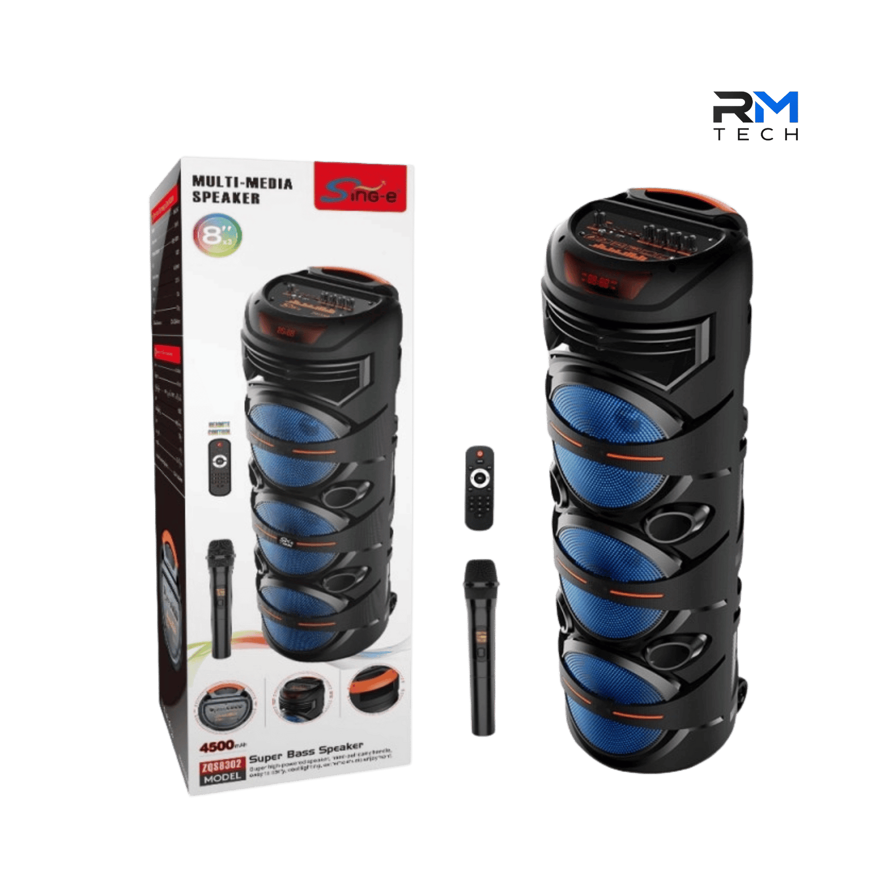 SING-E ZQS8302 Portable Bluetooth Party Speaker – Triple 8" Speakers, Wireless Microphone, RGB LED Lights & Remote