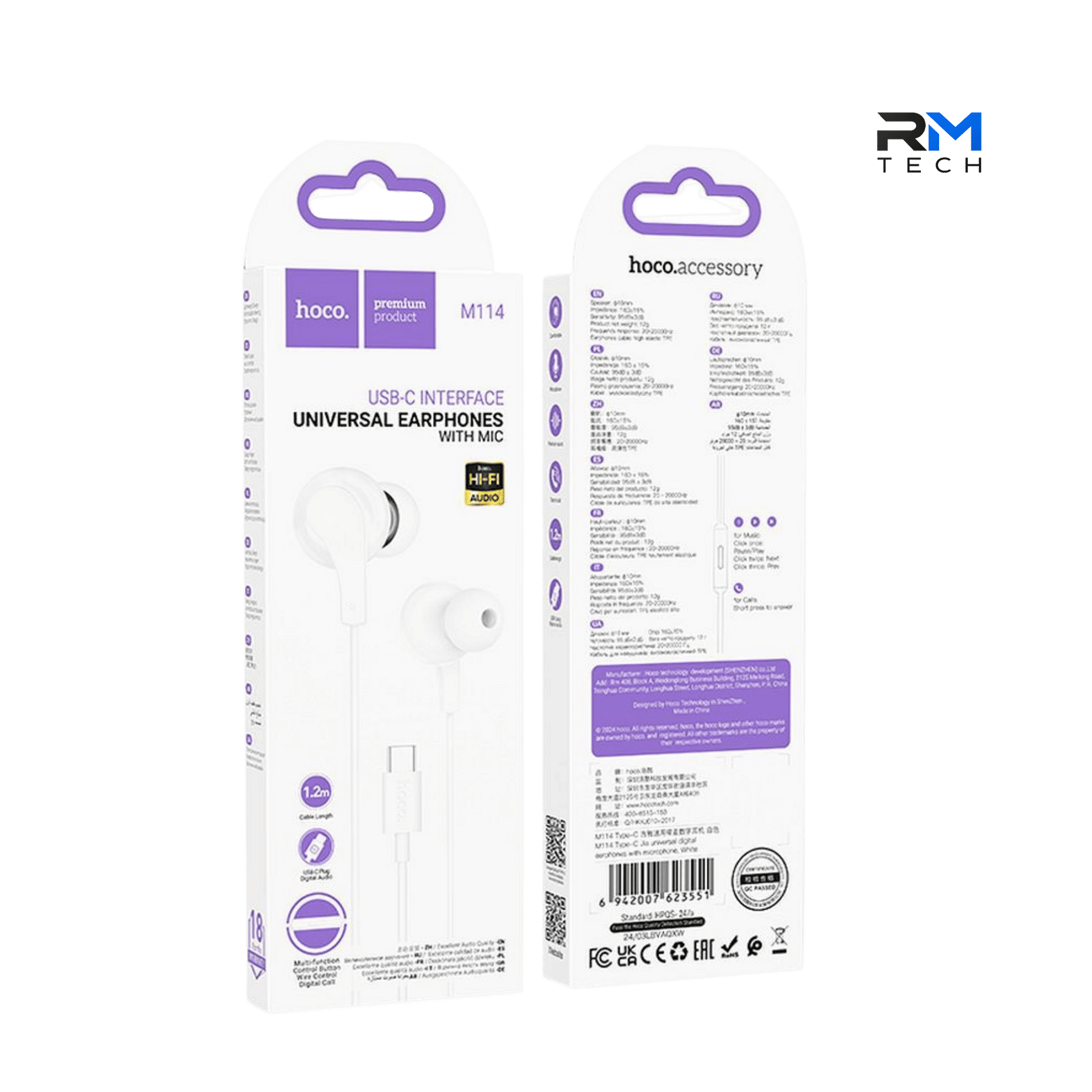 HOCO M114 USB-C Hi-Fi Wired Earphones with Microphone – White