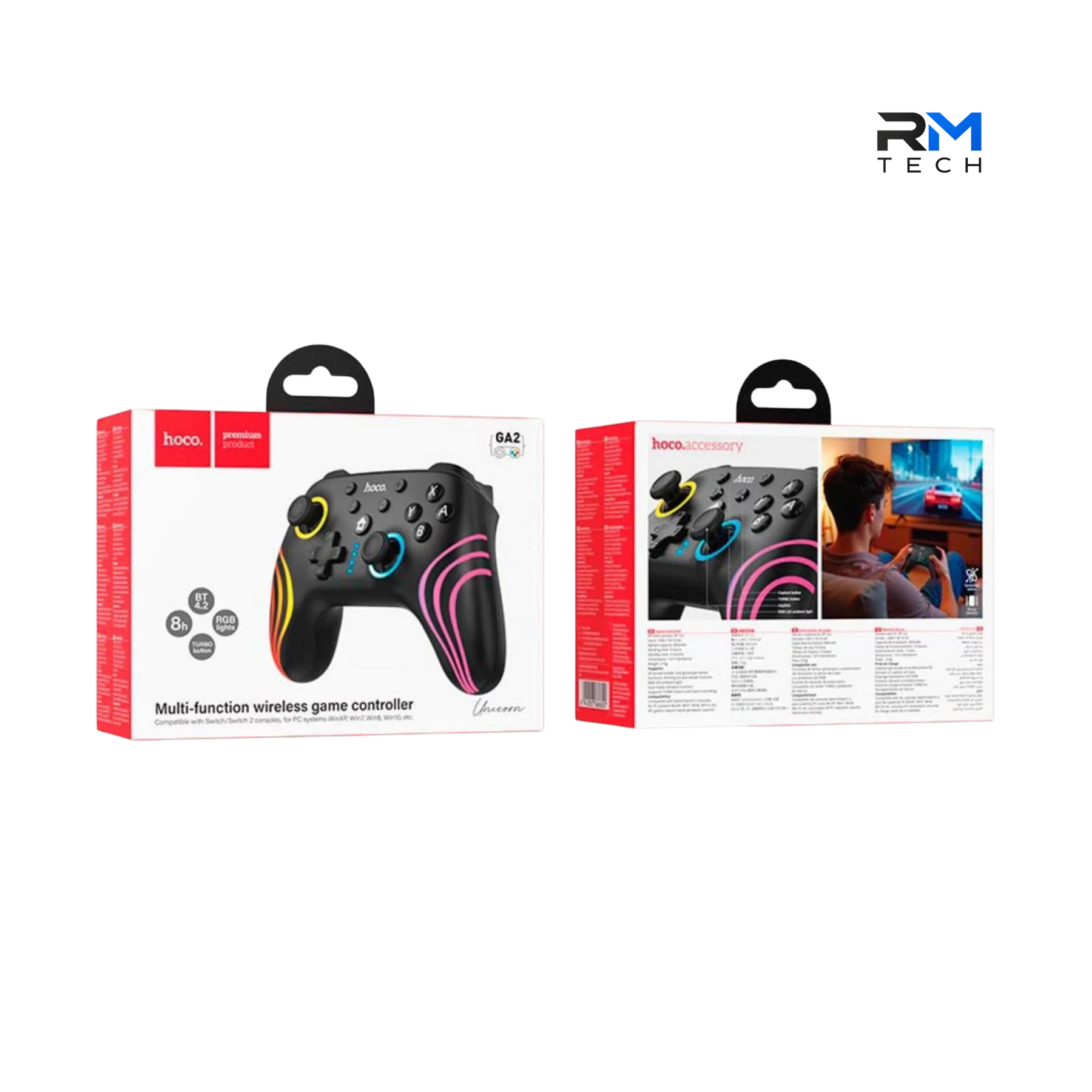 HOCO GA2 Unicorn Multi-Function Wireless Game Controller for Nintendo Switch, PC & Mobile – Bluetooth 4.2 – RGB Lighting – Black