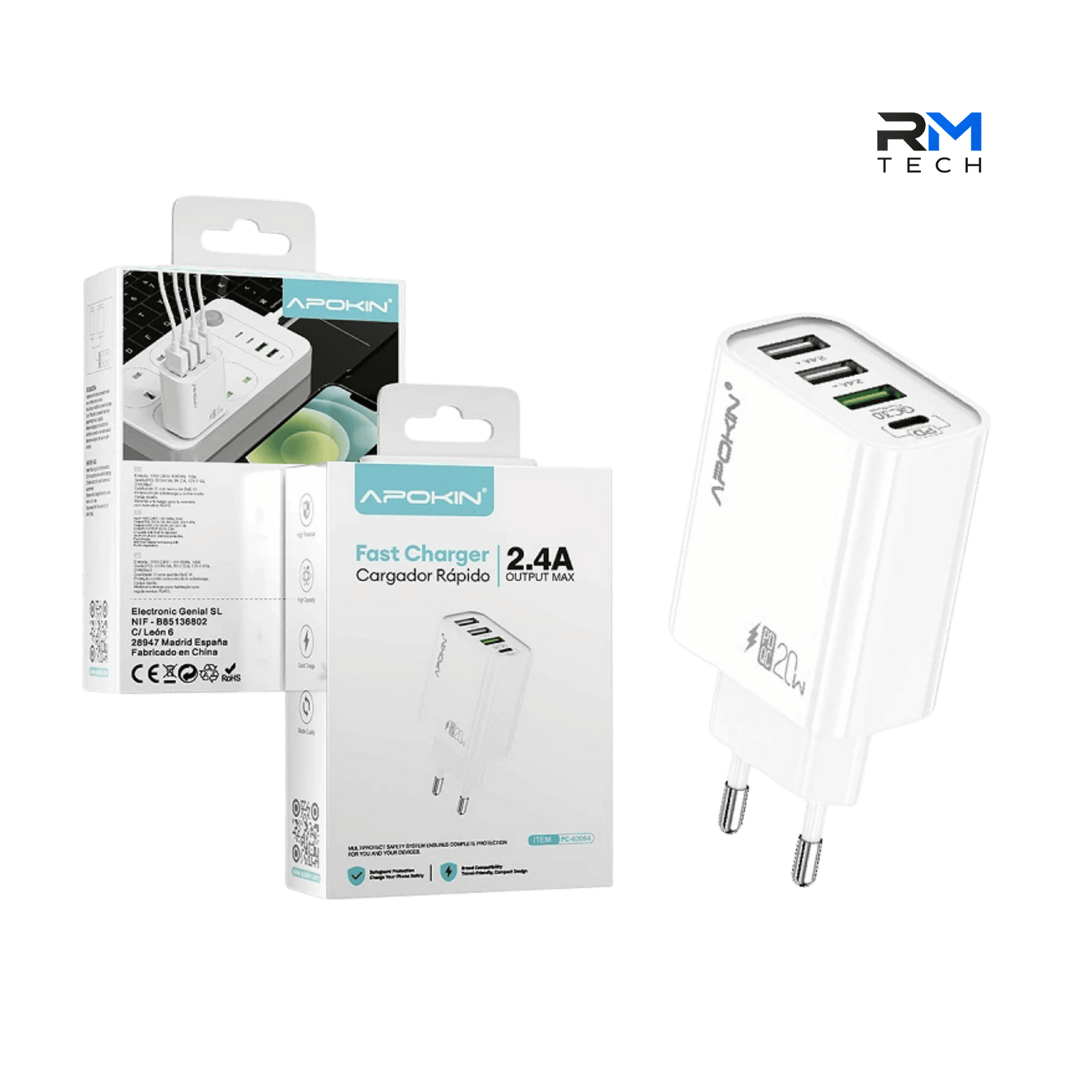 APOKIN 20W PD Fast Wall Charger – 4-Port USB & USB-C EU Charger – White
