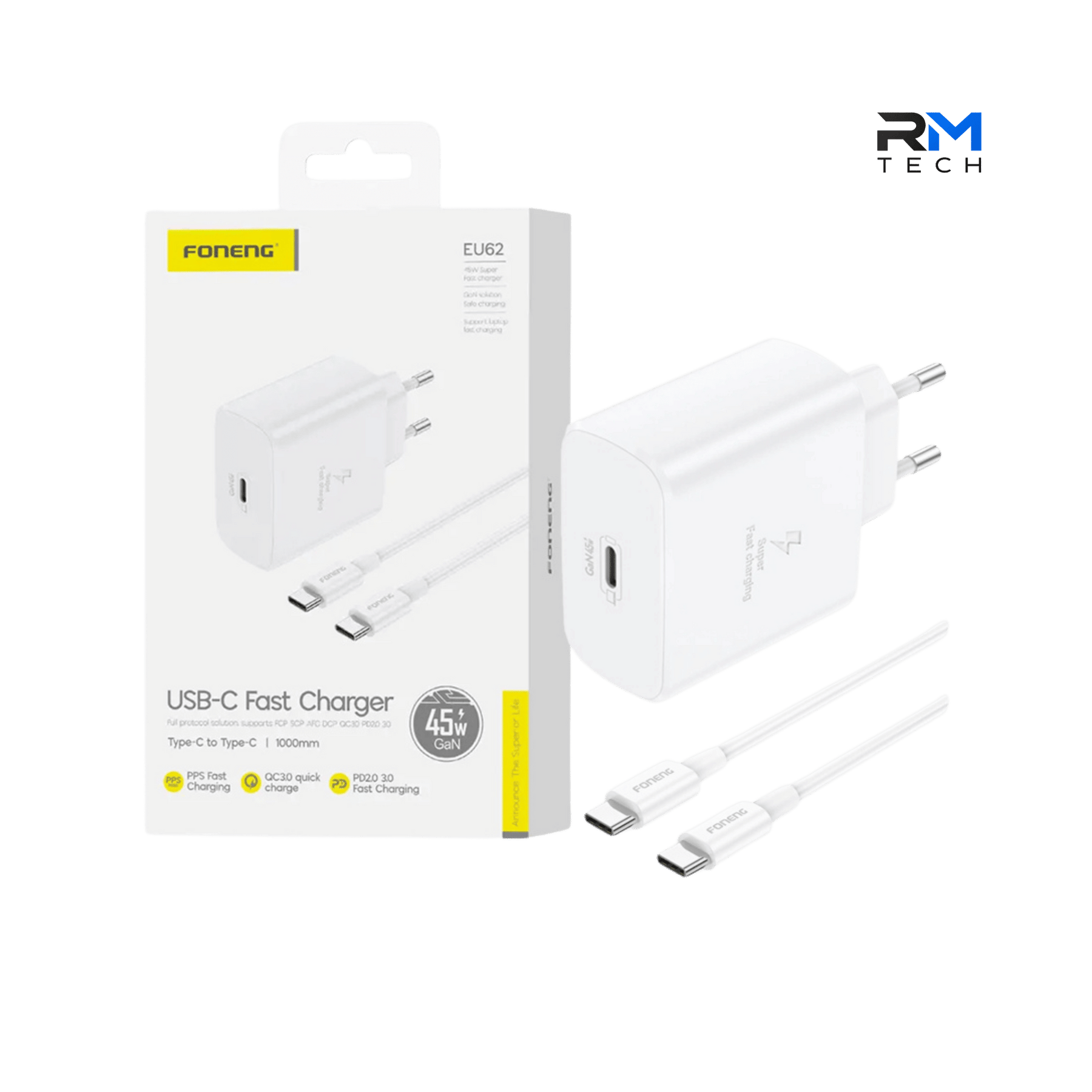 FONENG EU62 45W GaN USB-C Fast Wall Charger with USB-C to USB-C Cable – White