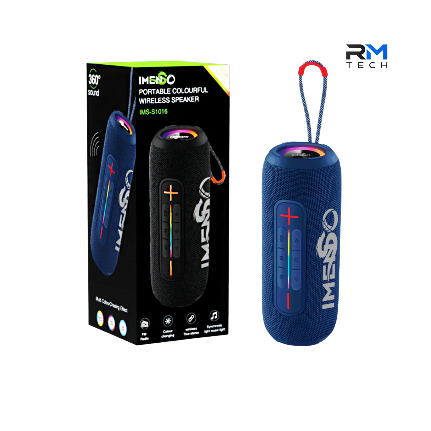 Imenso IMS-S1016 Portable Bluetooth Speaker 14W with 360° Sound, RGB LED Lights & TWS – Blue