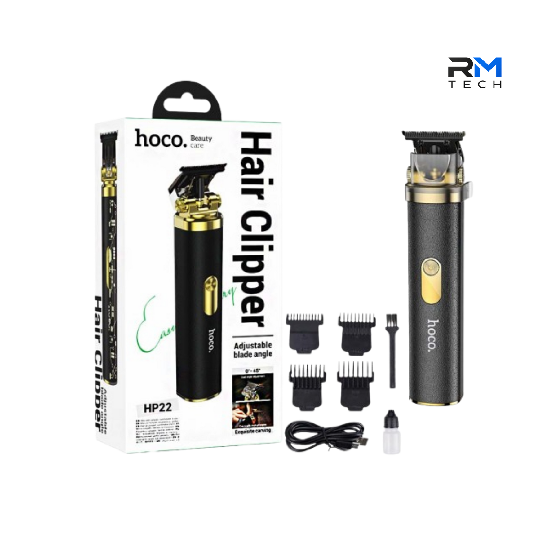 HOCO HP22 Professional Cordless Hair Clipper & Beard Trimmer – Adjustable T-Blade – USB Rechargeable – Black & Gold