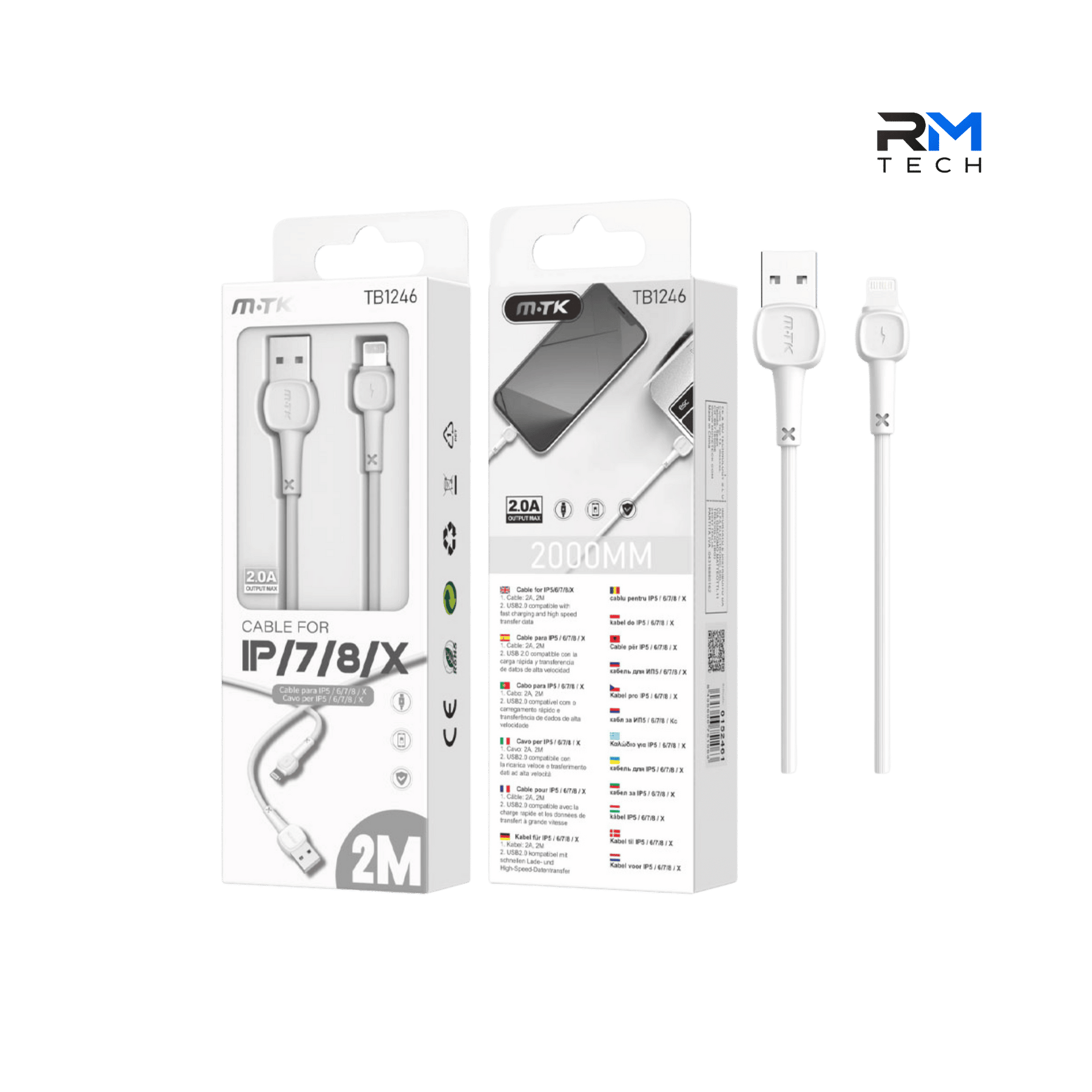 MTK TB1246 USB-A to Lightning Charging & Data Cable – 2M, 2.4A Fast Charging – White
