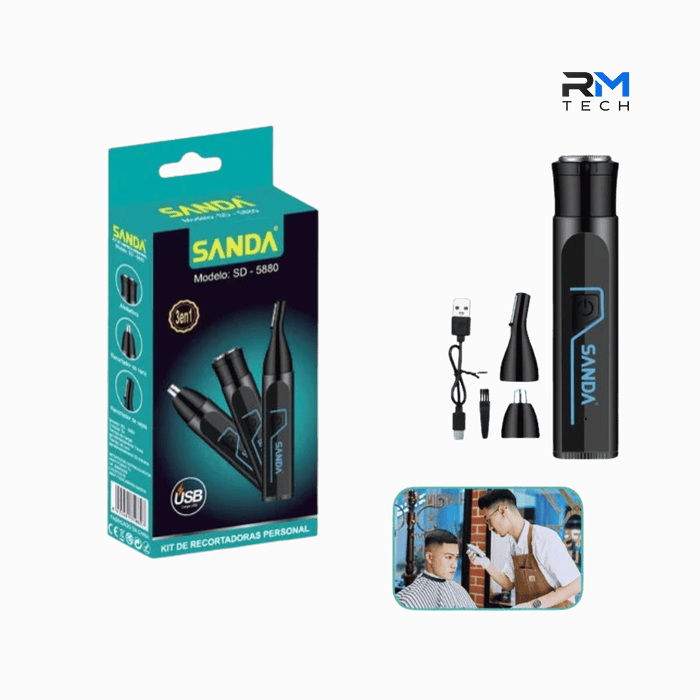 SANDA SD-5880 3-in-1 USB Rechargeable Personal Grooming Trimmer Kit – Nose, Ear & Eyebrow Hair Trimmer – Black