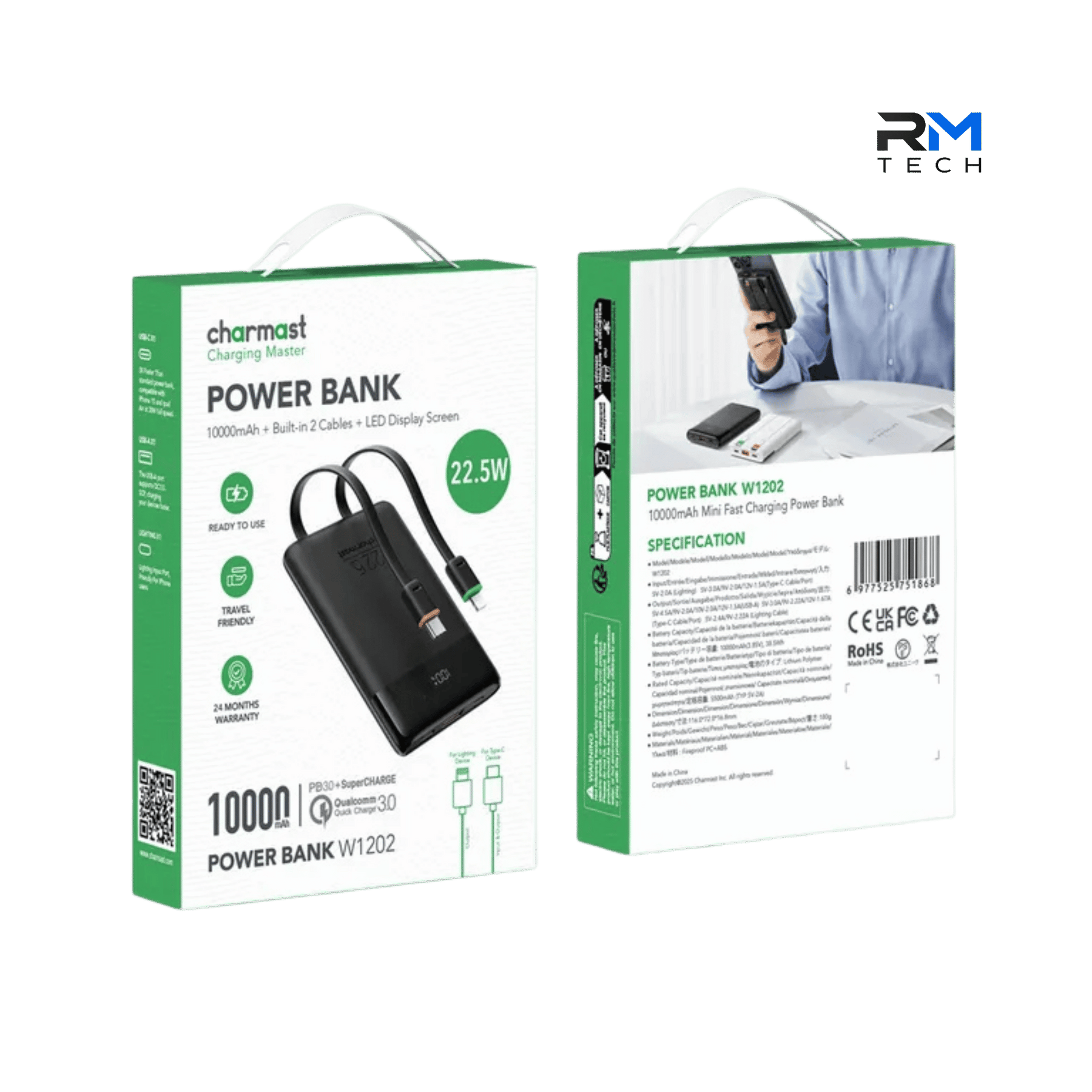 Charmast W1202 10000mAh Power Bank – 22.5W Fast Charging with Built-in USB-C & Lightning Cables – Black