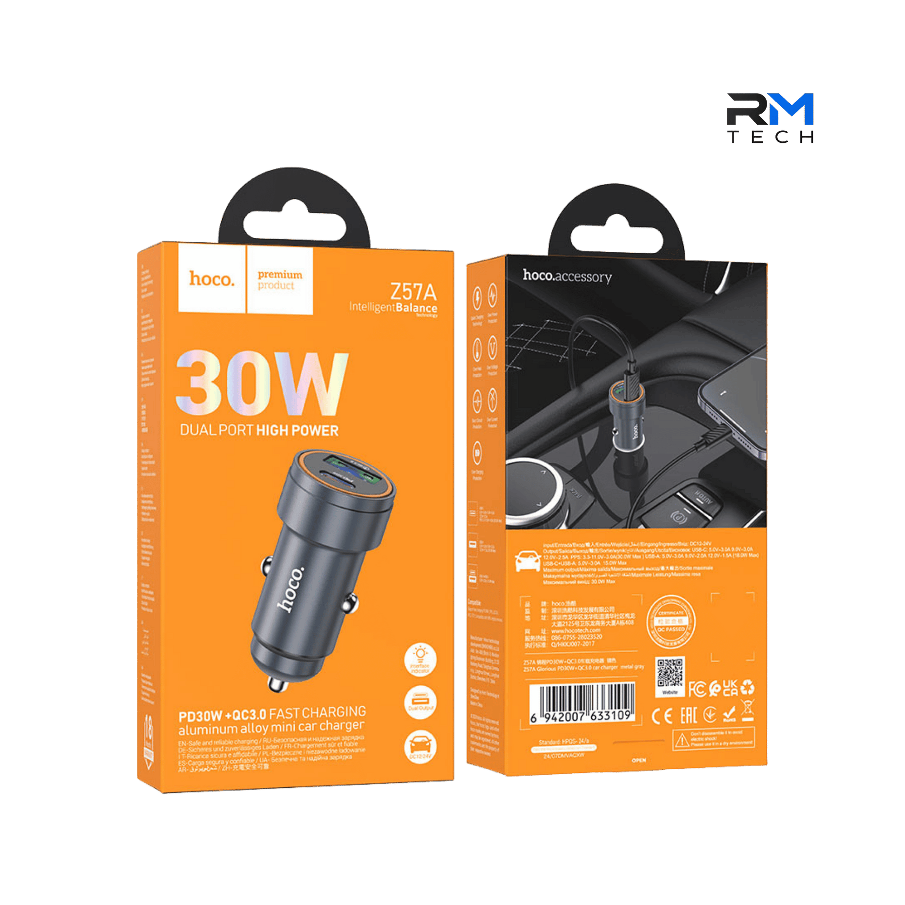 HOCO Z57A 30W PD + QC3.0 Dual Port Fast Car Charger – USB-C & USB-A Aluminium Alloy