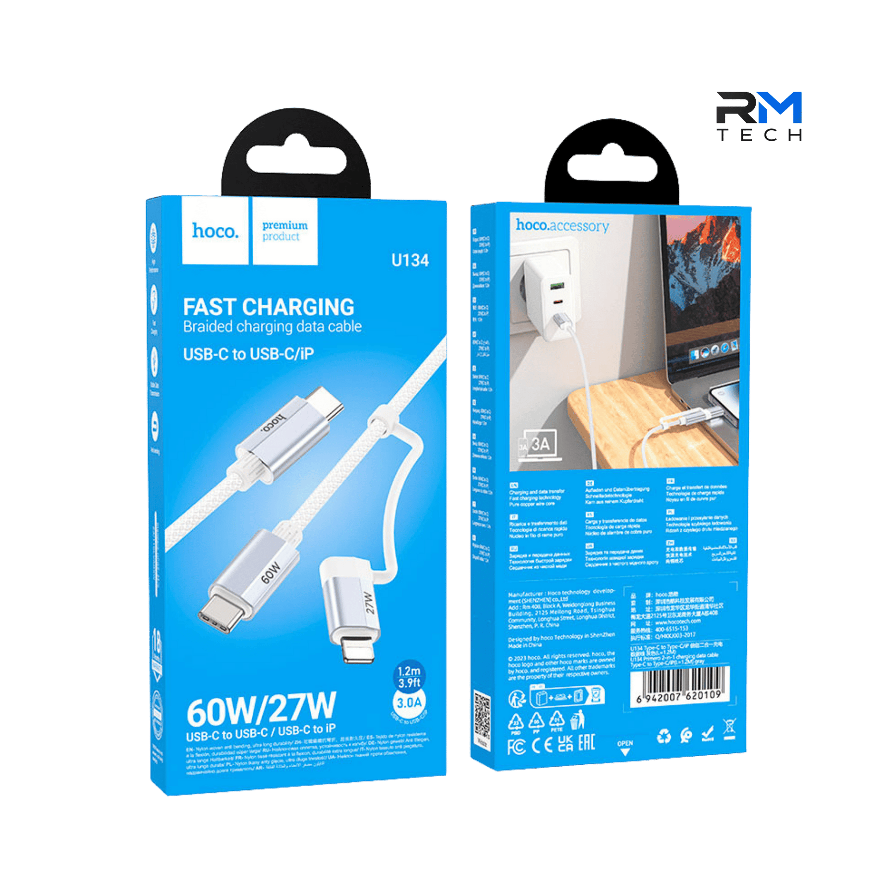 HOCO U134 2-in-1 USB-C to USB-C & Lightning Fast Charging Cable – 60W PD / 27W, 1.2M – White