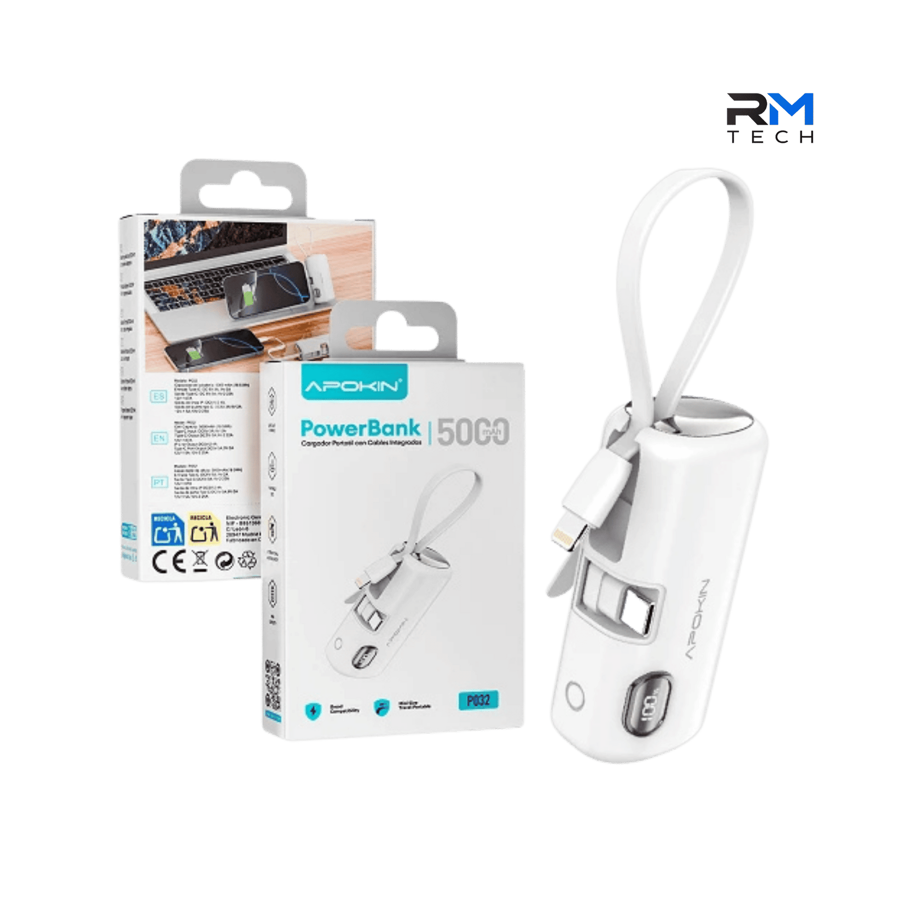 APOKIN P032 Mini Power Bank – 5000mAh with Built-in Lightning Cable & USB-C Fast Charging – White