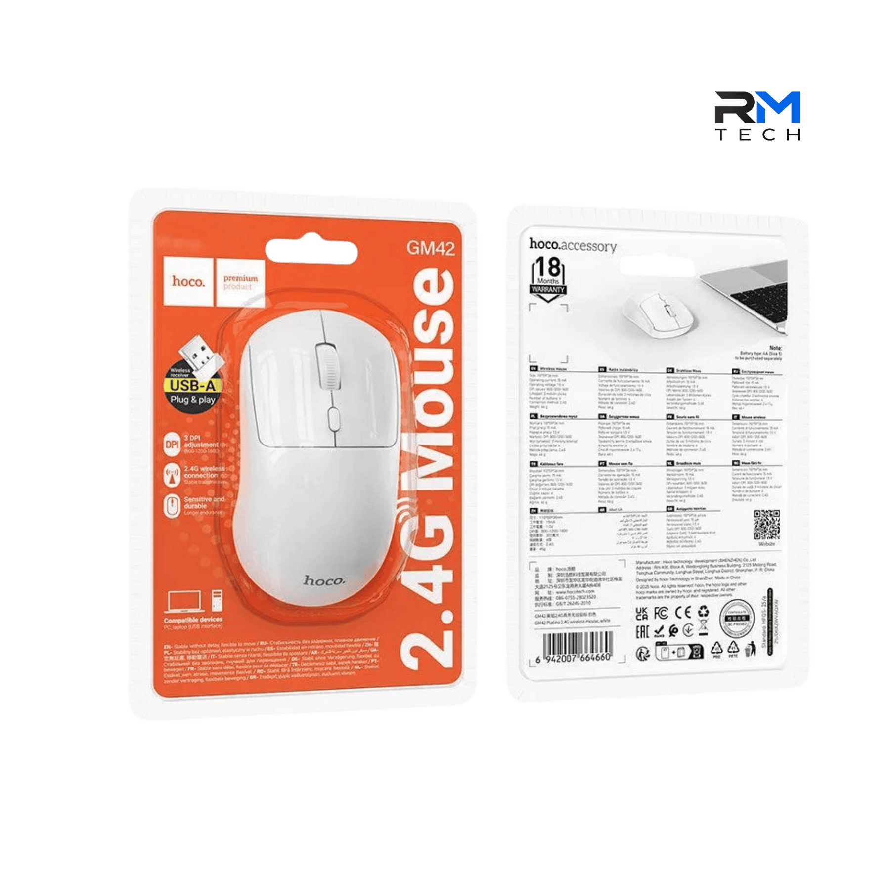 HOCO GM42 2.4G Wireless Optical Mouse with USB Receiver – White