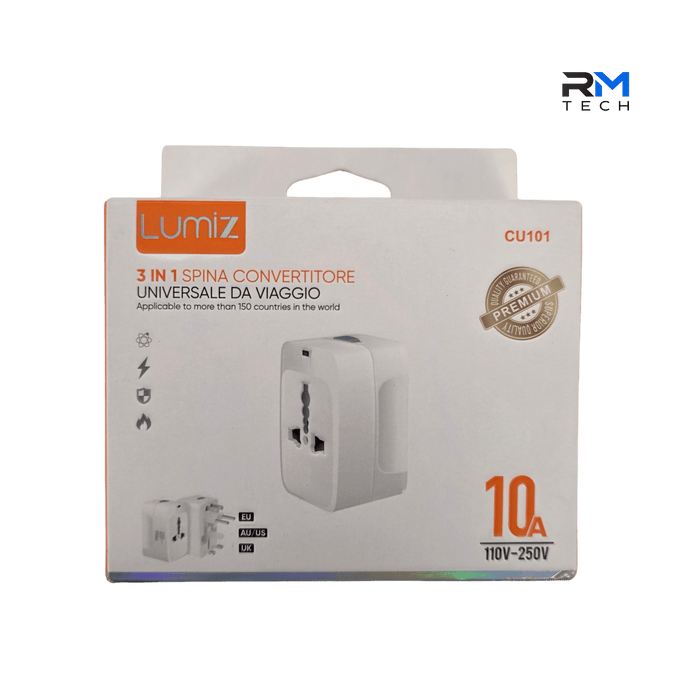 Lumiz CU101 Universal Travel Plug Adapter 3-in-1 | EU, UK & US/AU | 10A 110–250V