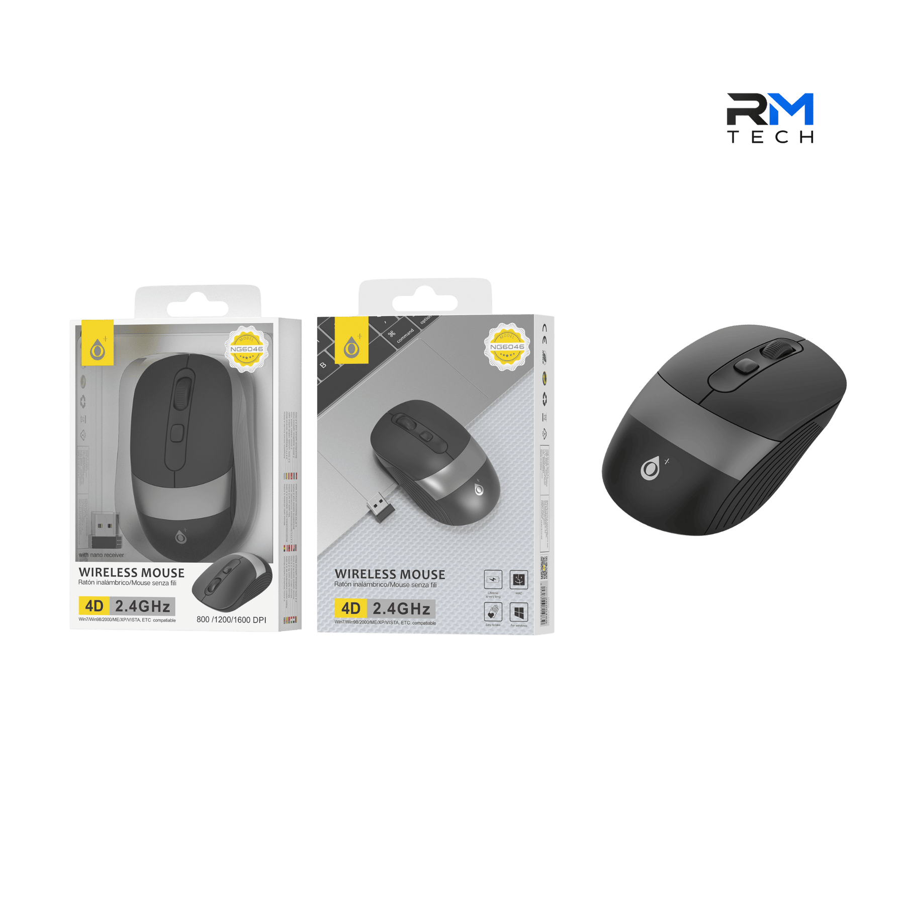 O+ NG6046 Wireless Optical Mouse – 2.4GHz – 4D – Adjustable 800/1200/1600 DPI – Black