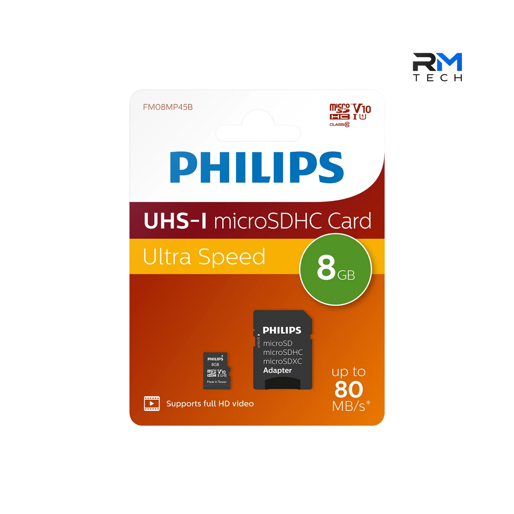 Philips 8GB UHS-I microSDHC Memory Card with SD Adapter – Class 10 U1 – Up to 80MB/s