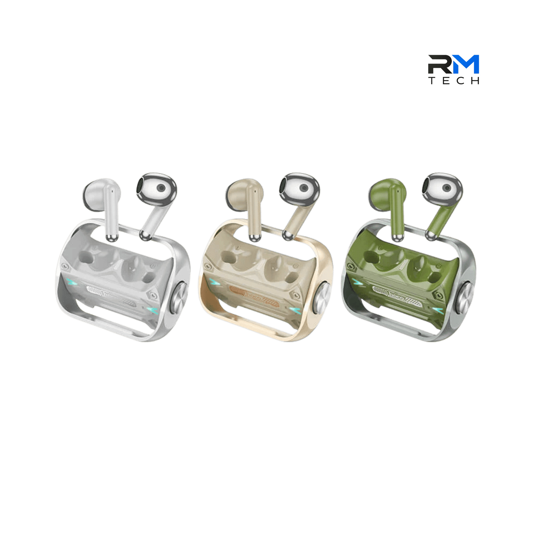 HOCO EW55 Spinner Cyberpunk True Wireless Bluetooth Earbuds with Transparent Charging Case – White / Gold / Green