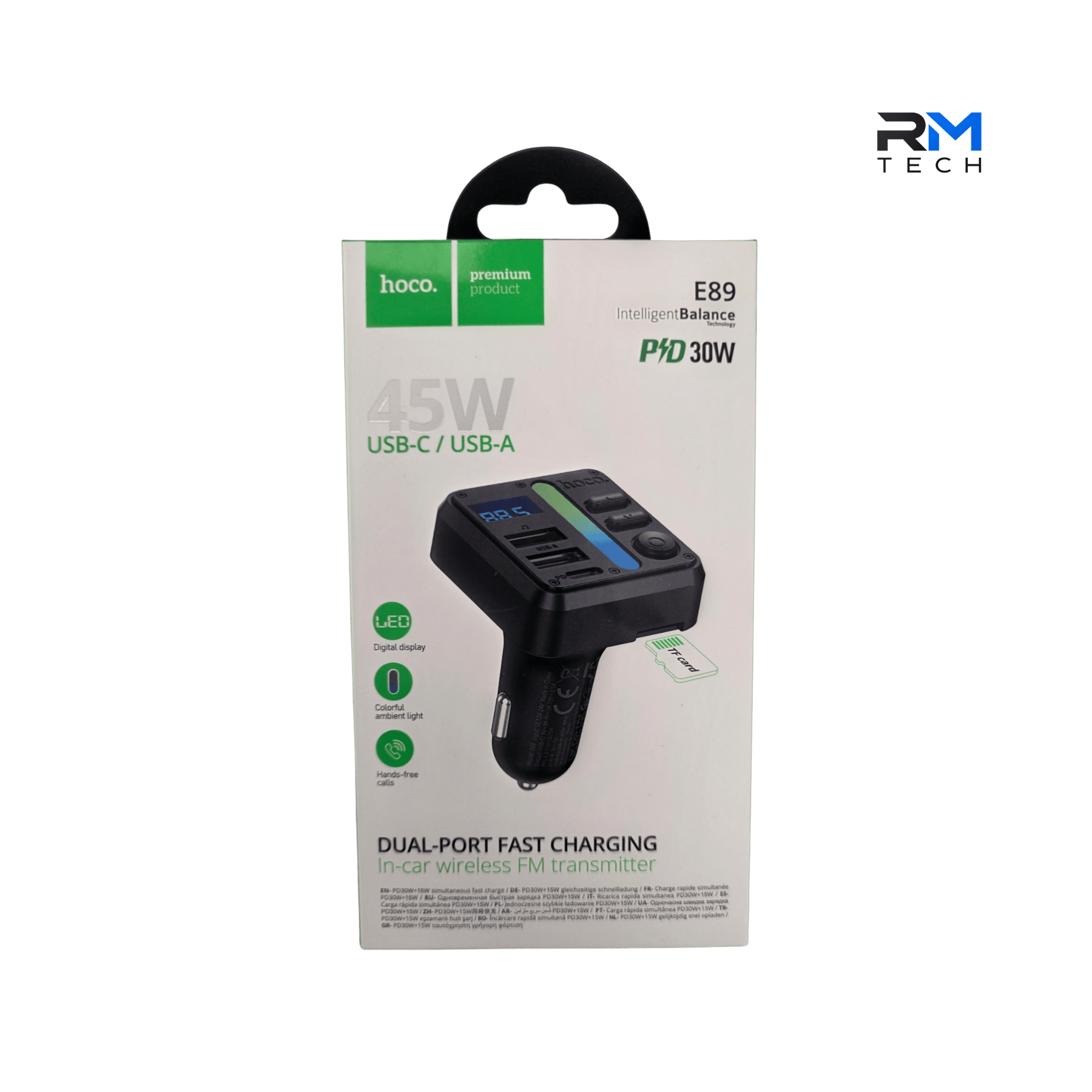 HOCO E89 45W Bluetooth FM Transmitter & PD Car Charger with USB-C, USB-A & TF Card