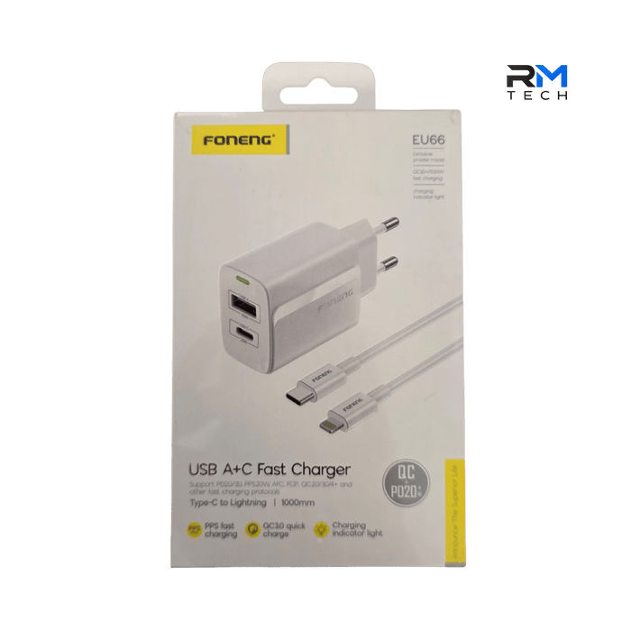 Foneng EU66 20W USB-A + USB-C Fast Charger with Type-C to Lightning Cable