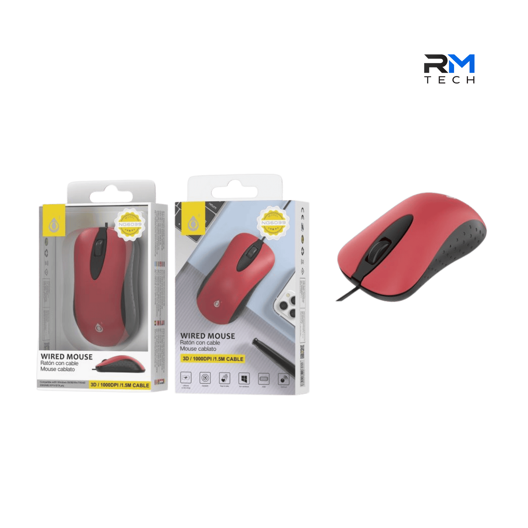 O+ NG6039 USB Wired Optical Mouse – 1000 DPI – 3 Buttons – Red