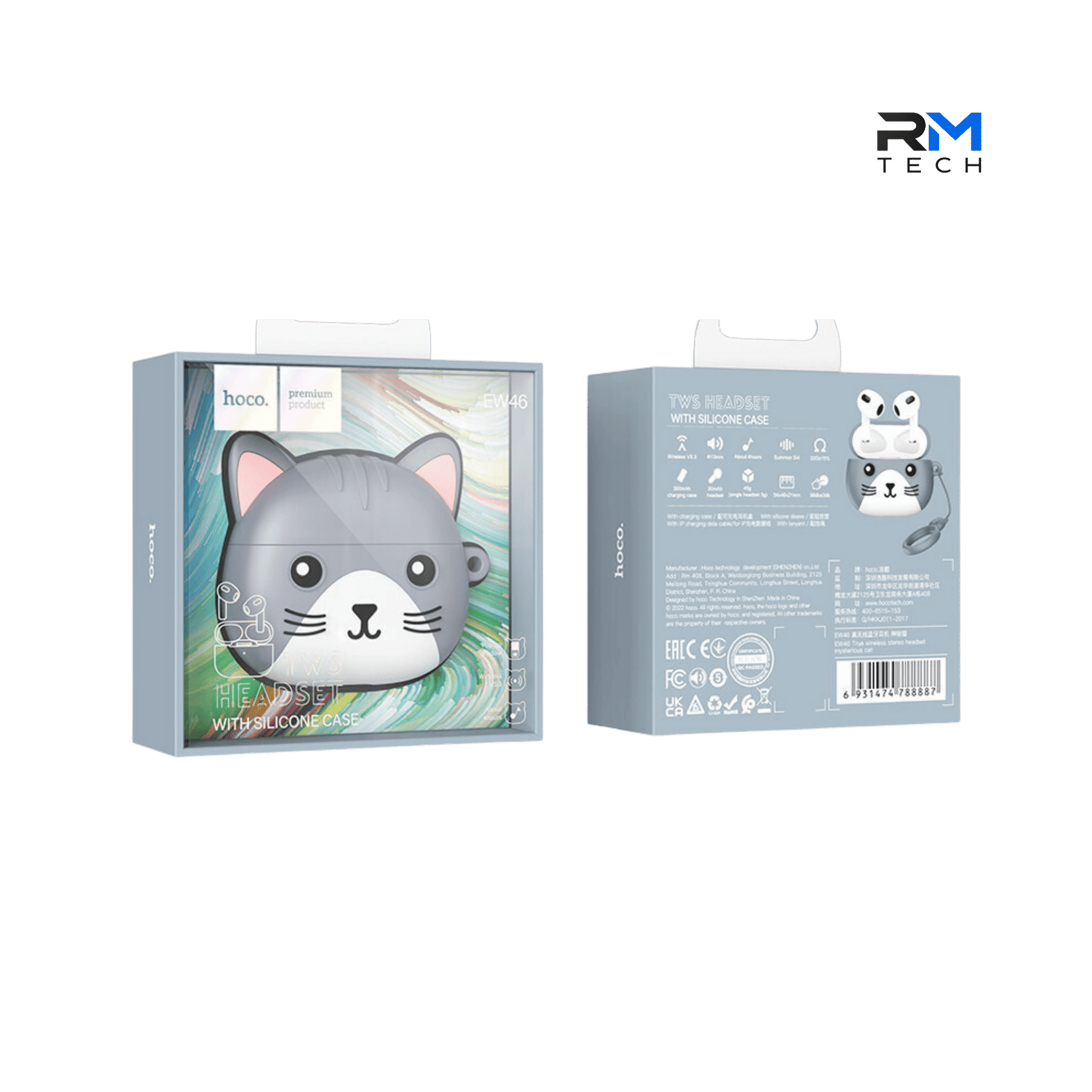 HOCO EW46 Cute Cat True Wireless Bluetooth Earbuds with Silicone Protective Case – Grey