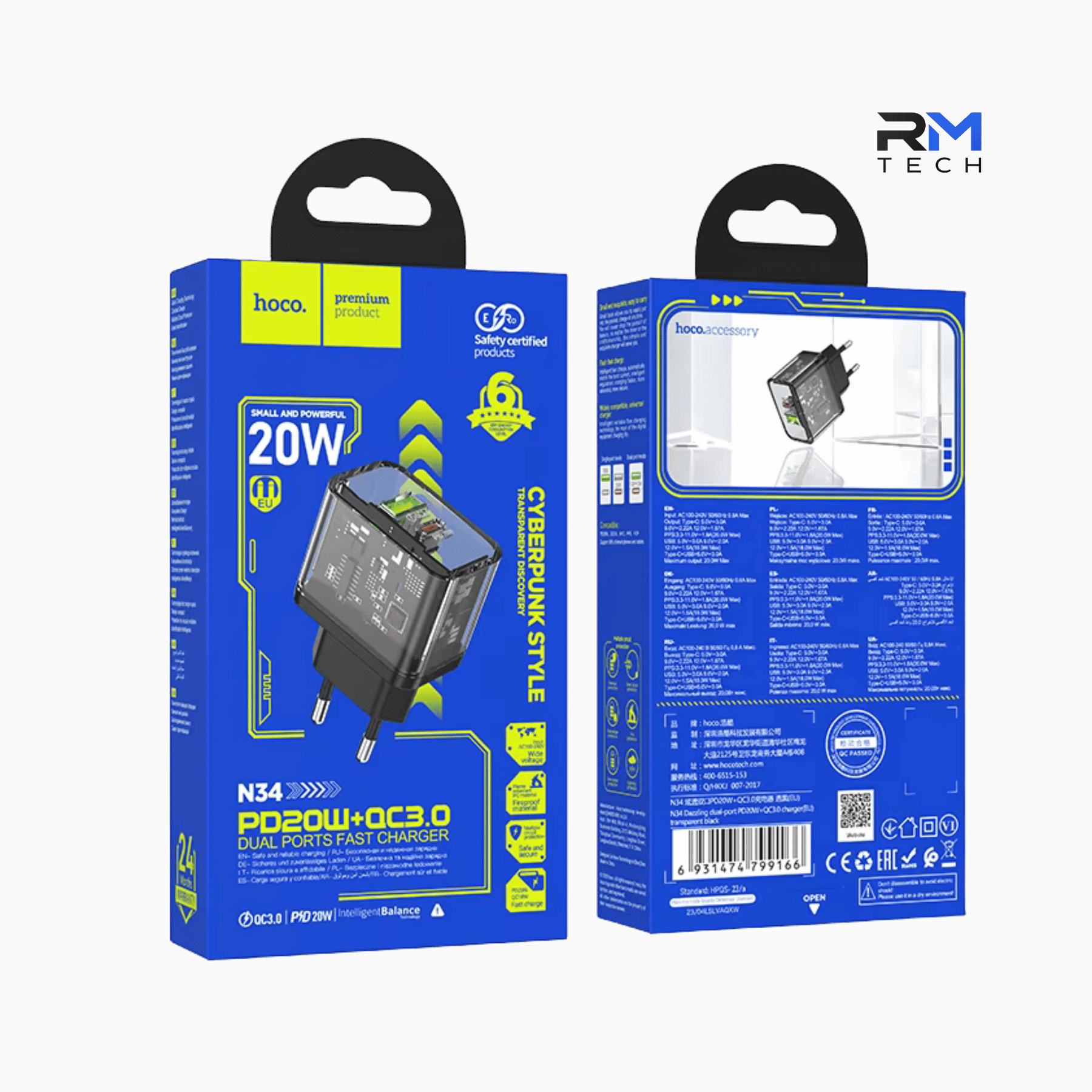HOCO N34 Cyberpunk PD20W + QC3.0 Dual Port Fast Wall Charger – Transparent Black EU Plug
