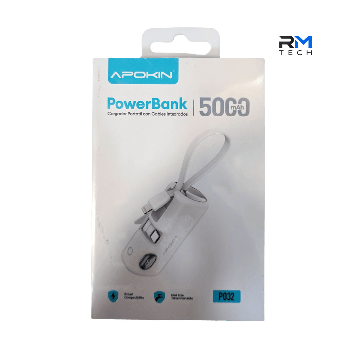 APOKIN 5000mAh Mini Power Bank with Integrated Charging Cables – Model P032