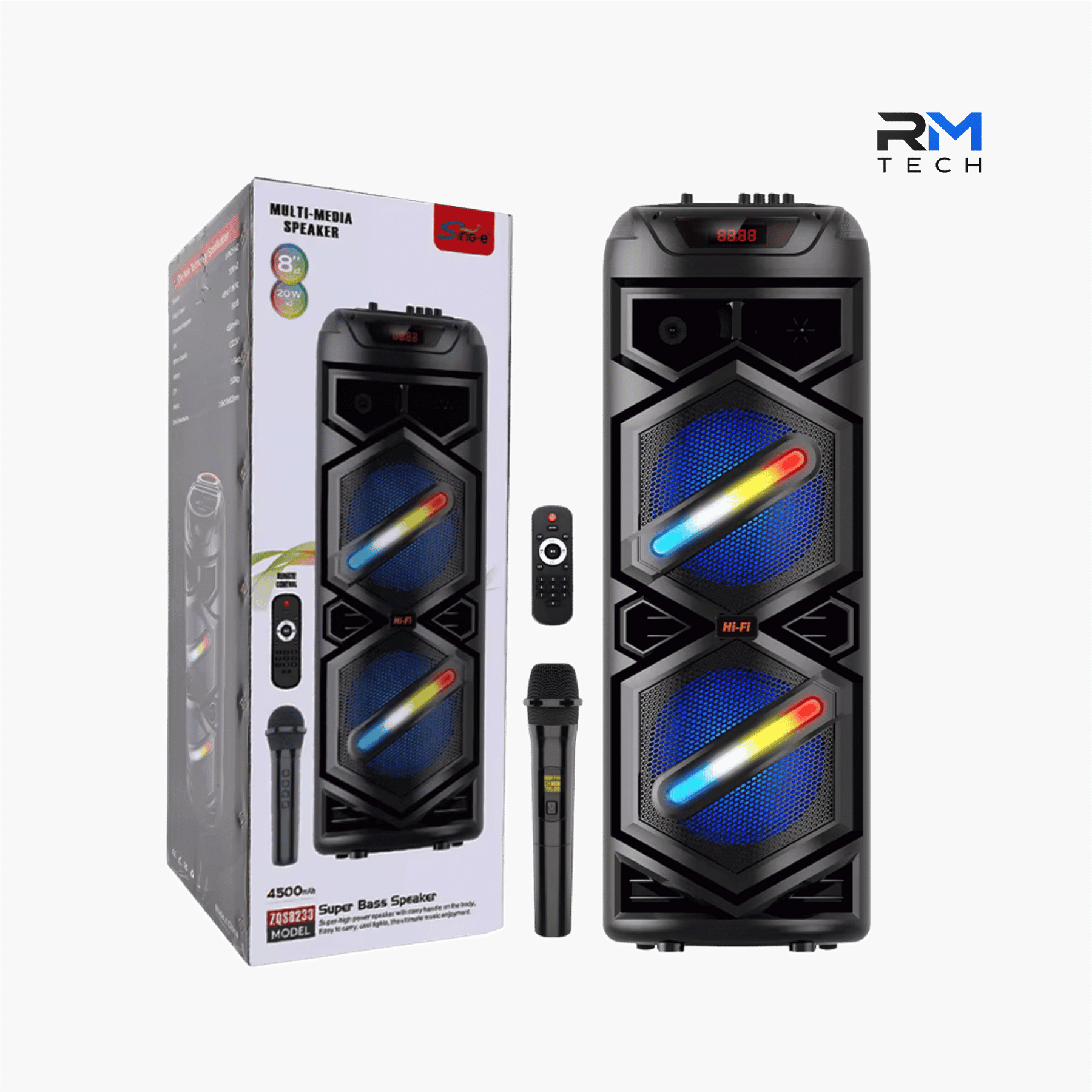 SING-E ZQS8233 Portable Bluetooth Party Speaker – Dual 8" Speakers, Wireless Microphone, RGB LED Lights & Remote