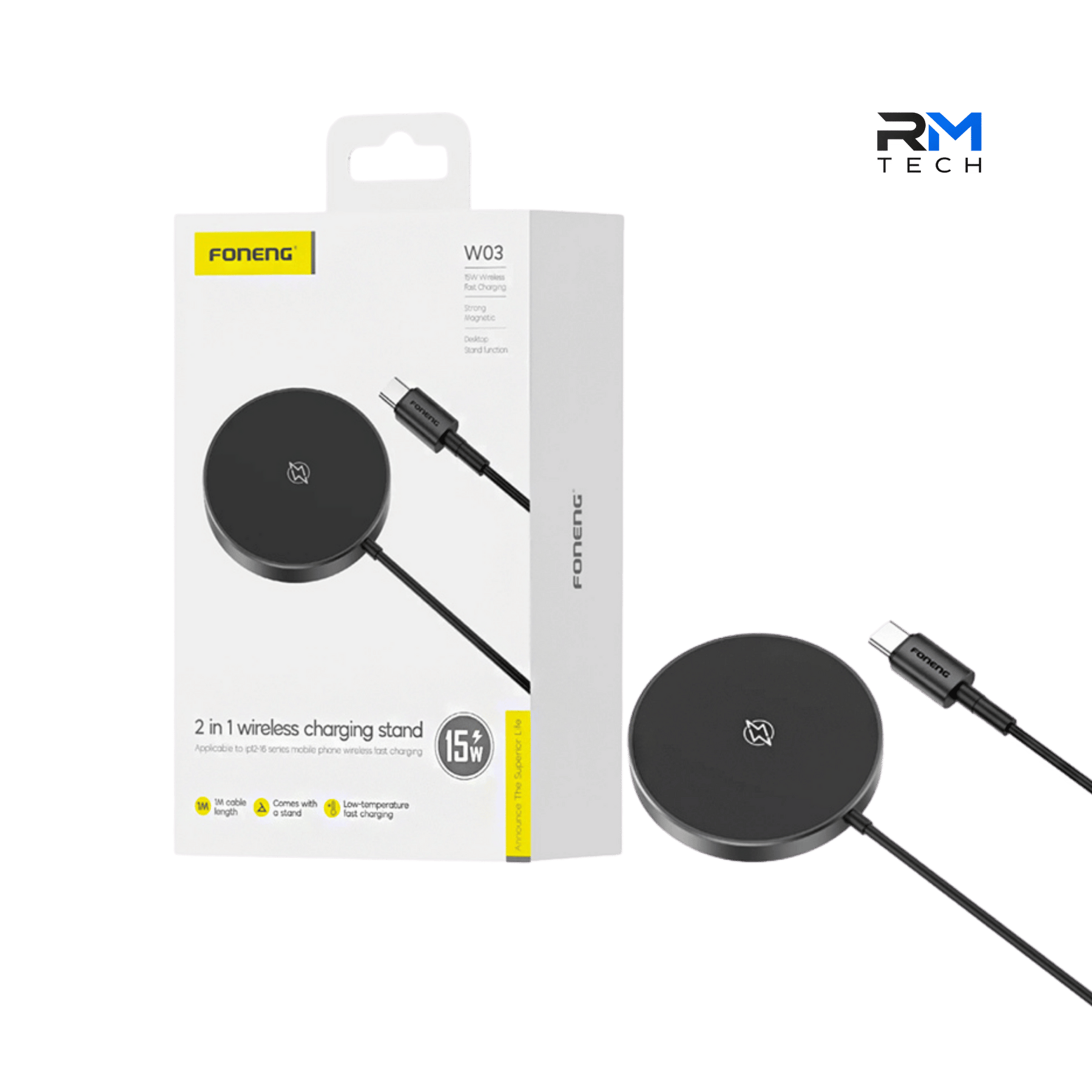 FONENG W03 15W Magnetic Wireless Charging Stand – 2-in-1 Qi Fast Charger – USB-C – Black