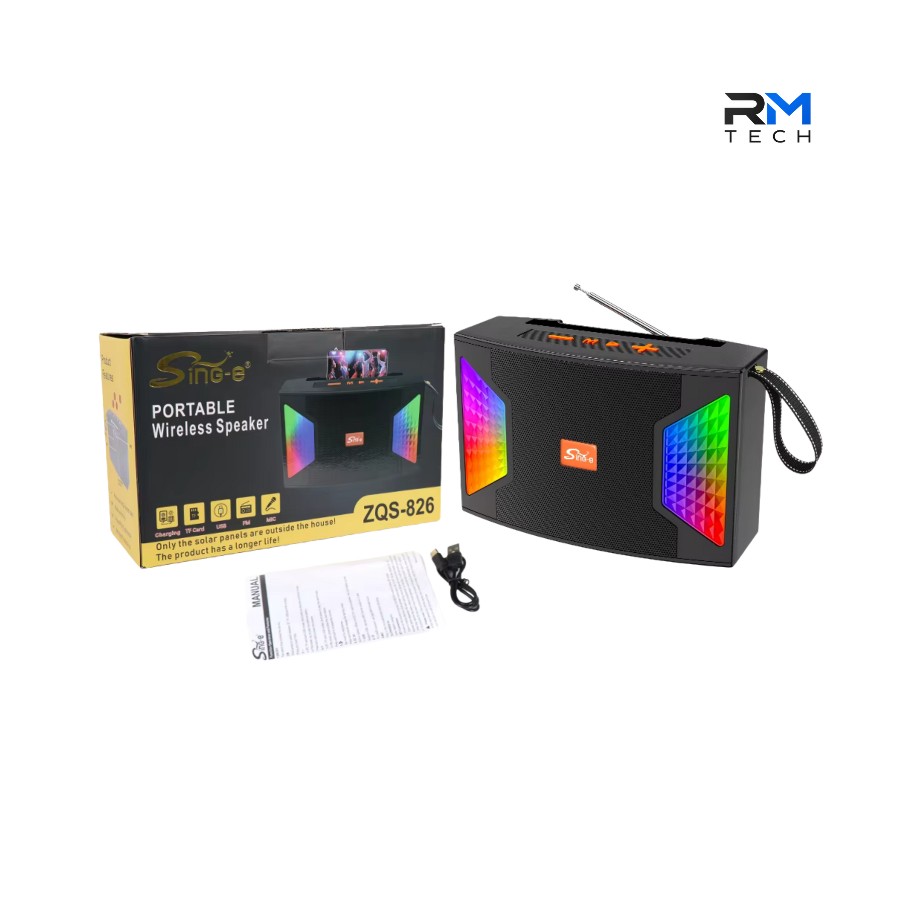 SING-E ZQS-826 Portable Bluetooth Wireless Speaker with RGB LED Lights & FM Radio – Black