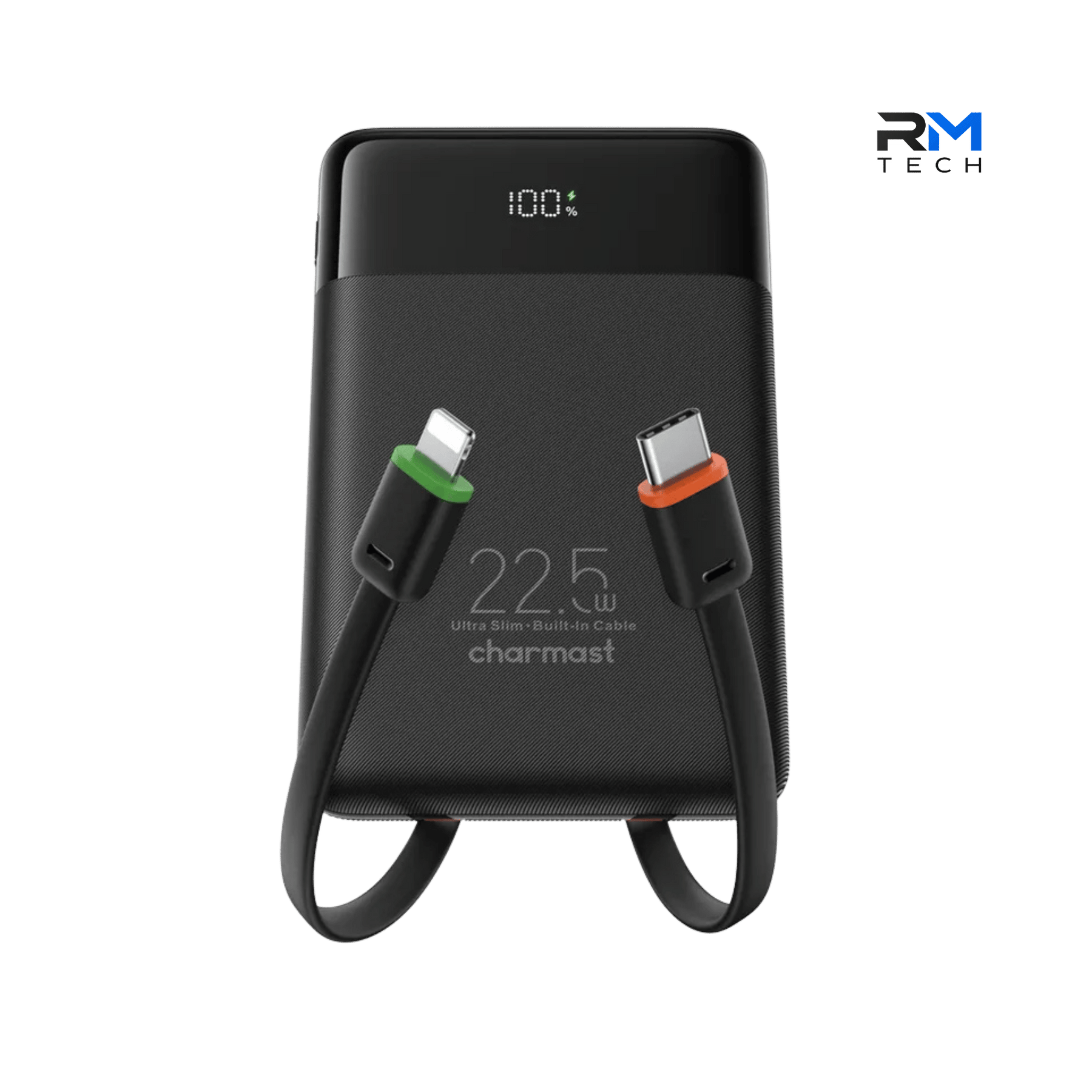 Charmast W1202 10000mAh Power Bank – 22.5W Fast Charging with Built-in USB-C & Lightning Cables – Black