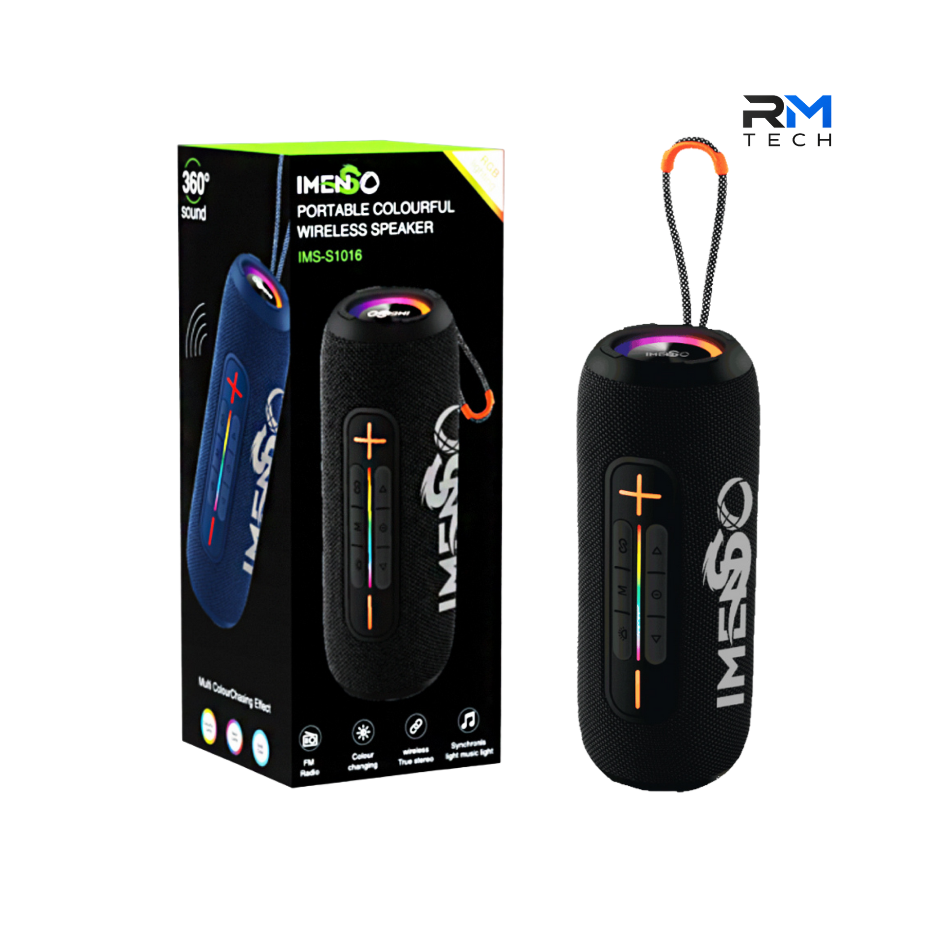 Imenso IMS-S1016 Portable Bluetooth Speaker 14W with 360° Sound, RGB LED Lights & TWS – Blue