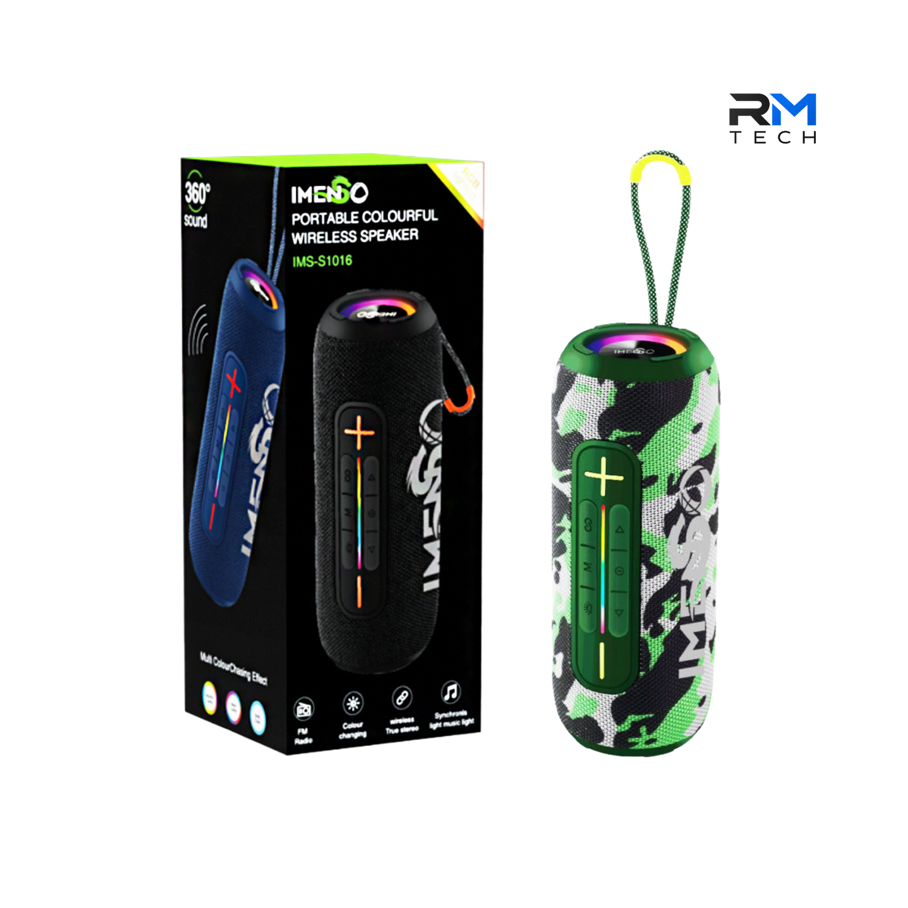 Imenso IMS-S1016 Portable Bluetooth Speaker 14W with 360° Sound, RGB LED Lights & TWS – Blue