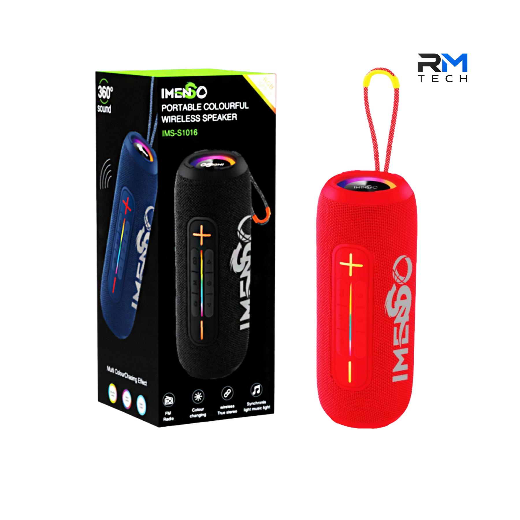 Imenso IMS-S1016 Portable Bluetooth Speaker 14W with 360° Sound, RGB LED Lights & TWS – Blue