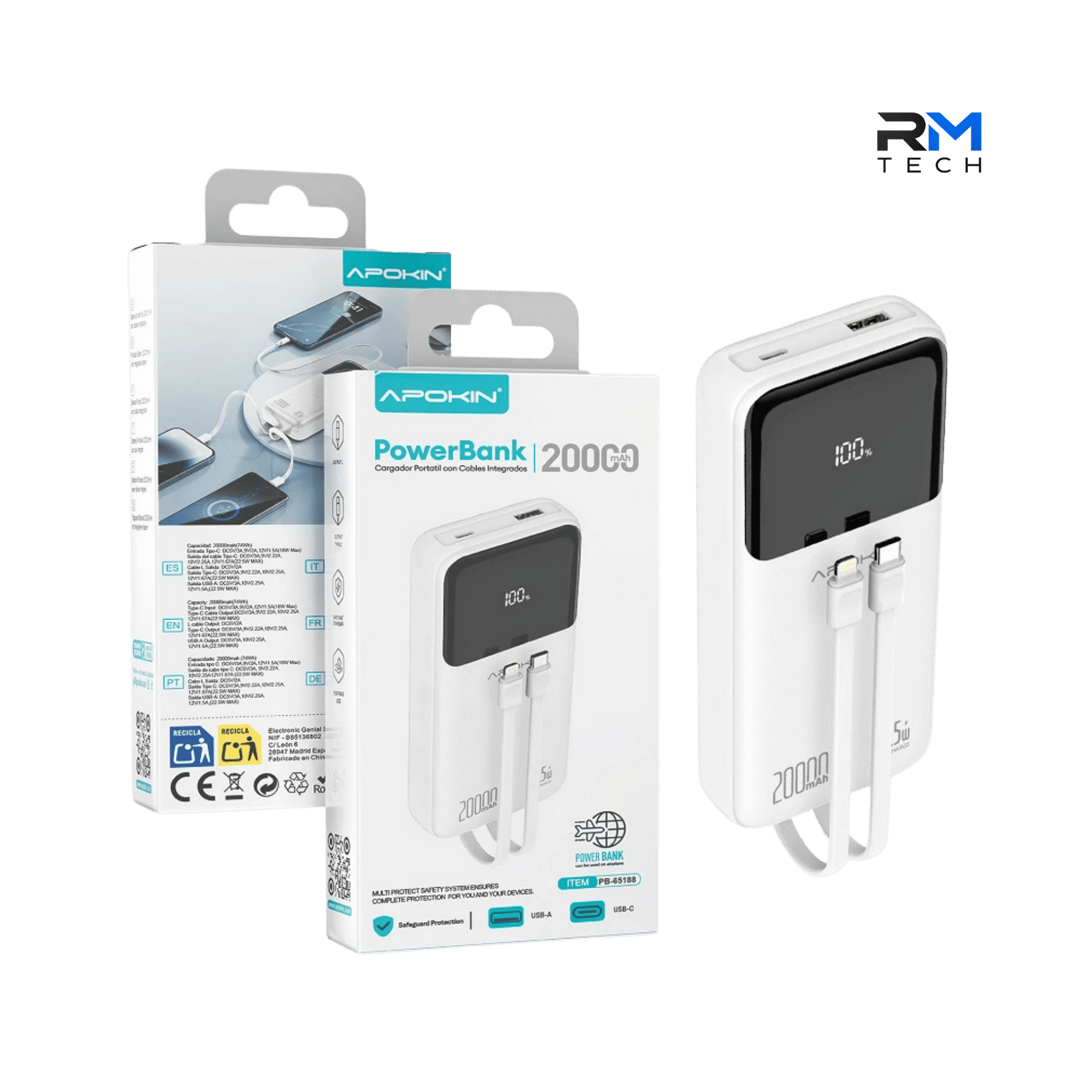 APOKIN 20000mAh Power Bank with Integrated USB-C & Lightning Cables – Model P010
