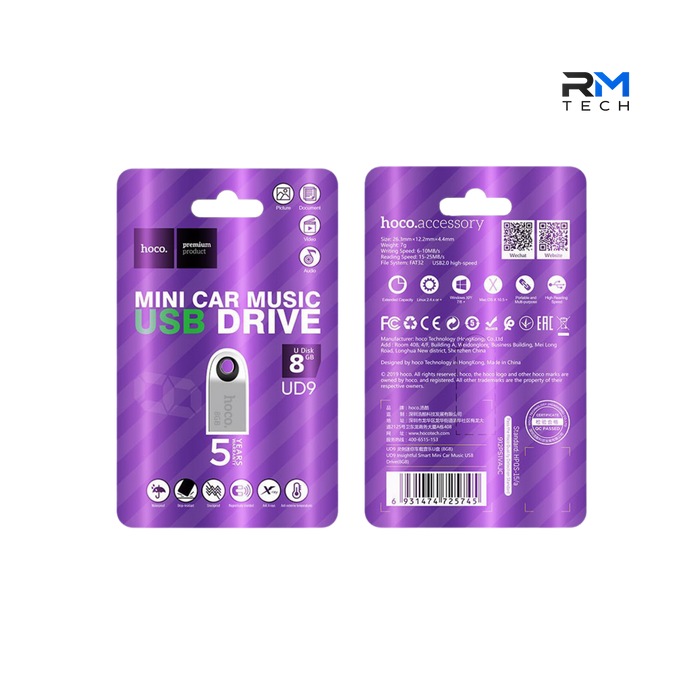 HOCO UD9 8GB Mini USB Flash Drive – USB 2.0 High-Speed Metal Memory Stick – Silver