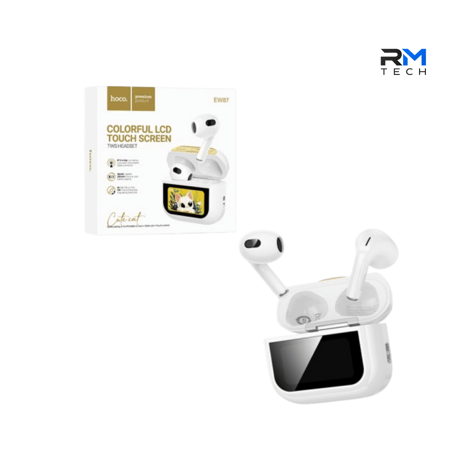 HOCO EW87 Cat Colorful LCD Touch Screen True Wireless Bluetooth Earbuds – White