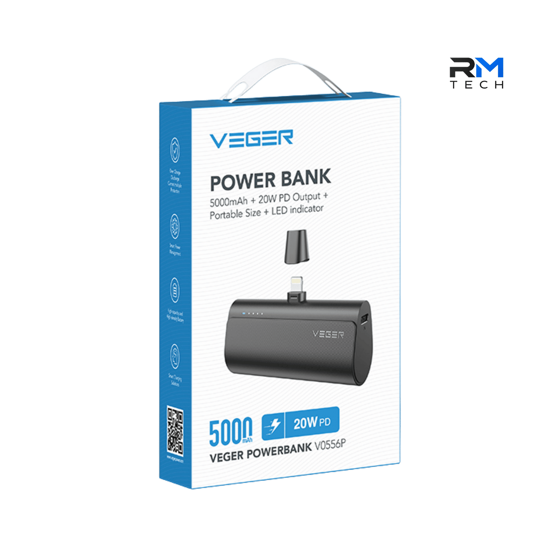 VEGER V0556P Mini Power Bank – 5000mAh with Built-in Lightning Connector & 20W PD Fast Charging – Black