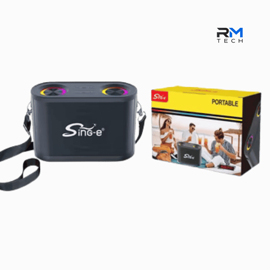 SING-E Coluna Bluetooth Portátil com Luzes RGB e Alça de Ombro em Preto – RM TECH